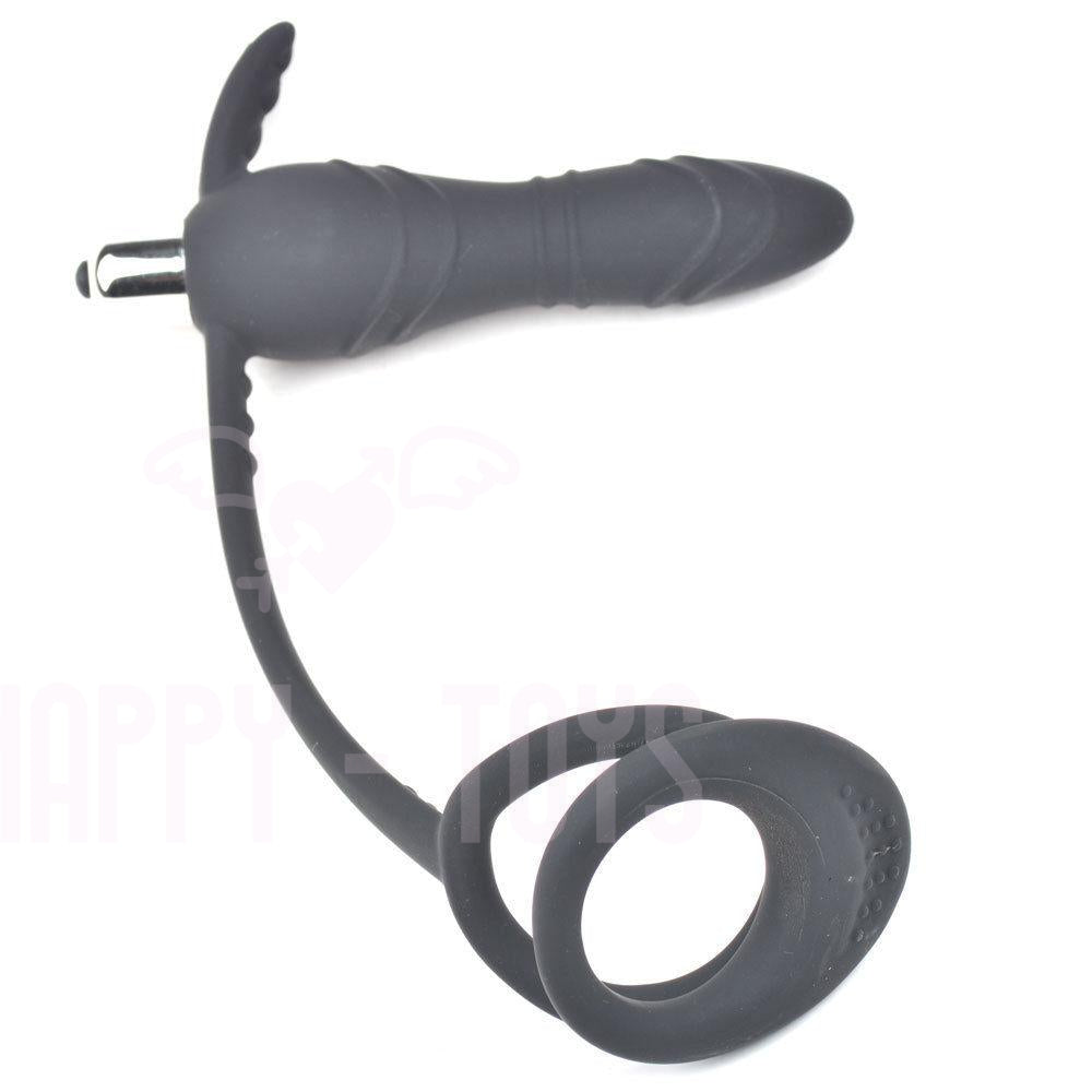 Vibrating Butt Plug Silicone Anal Dildo Dual Penis Cock Ring Sex Toy Waterproof-Happy-Toys